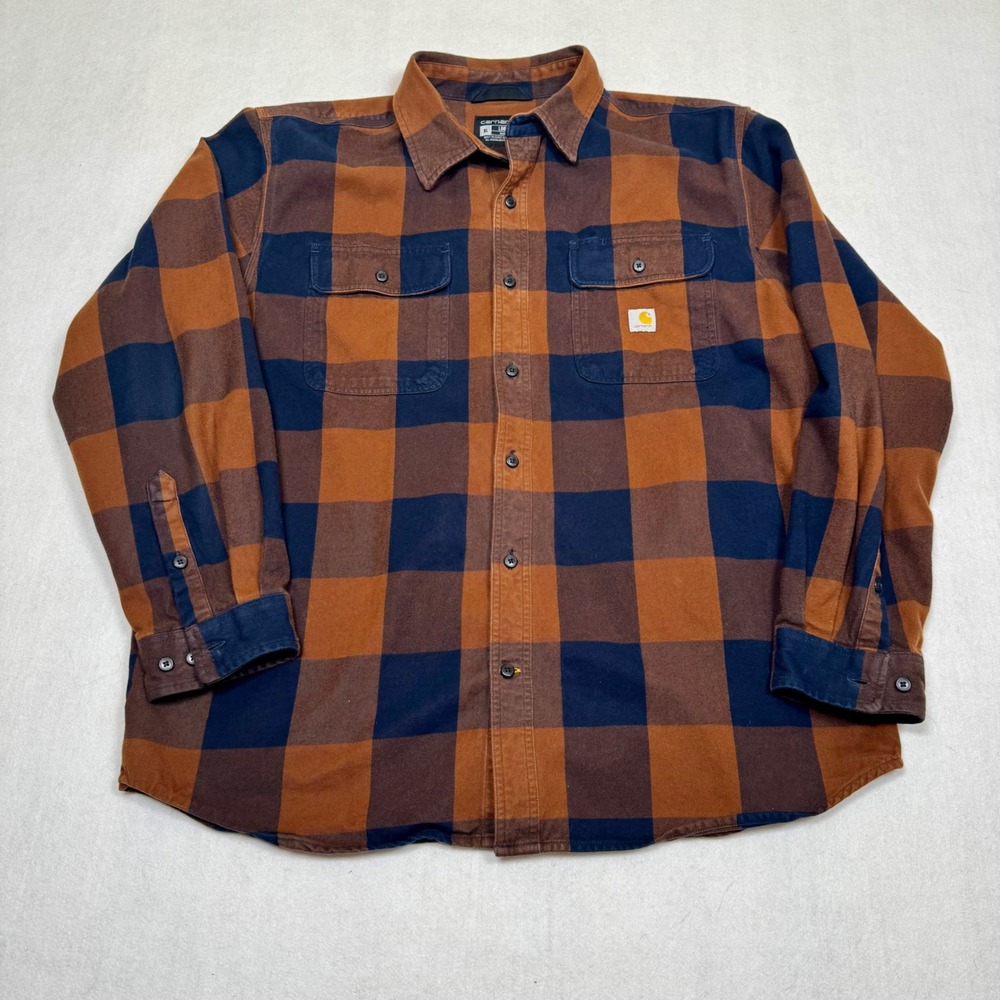 Carhartt Mens XL Loose Fit Flannel Shirt Buffalo Plaid Orange Navy TW4451-M